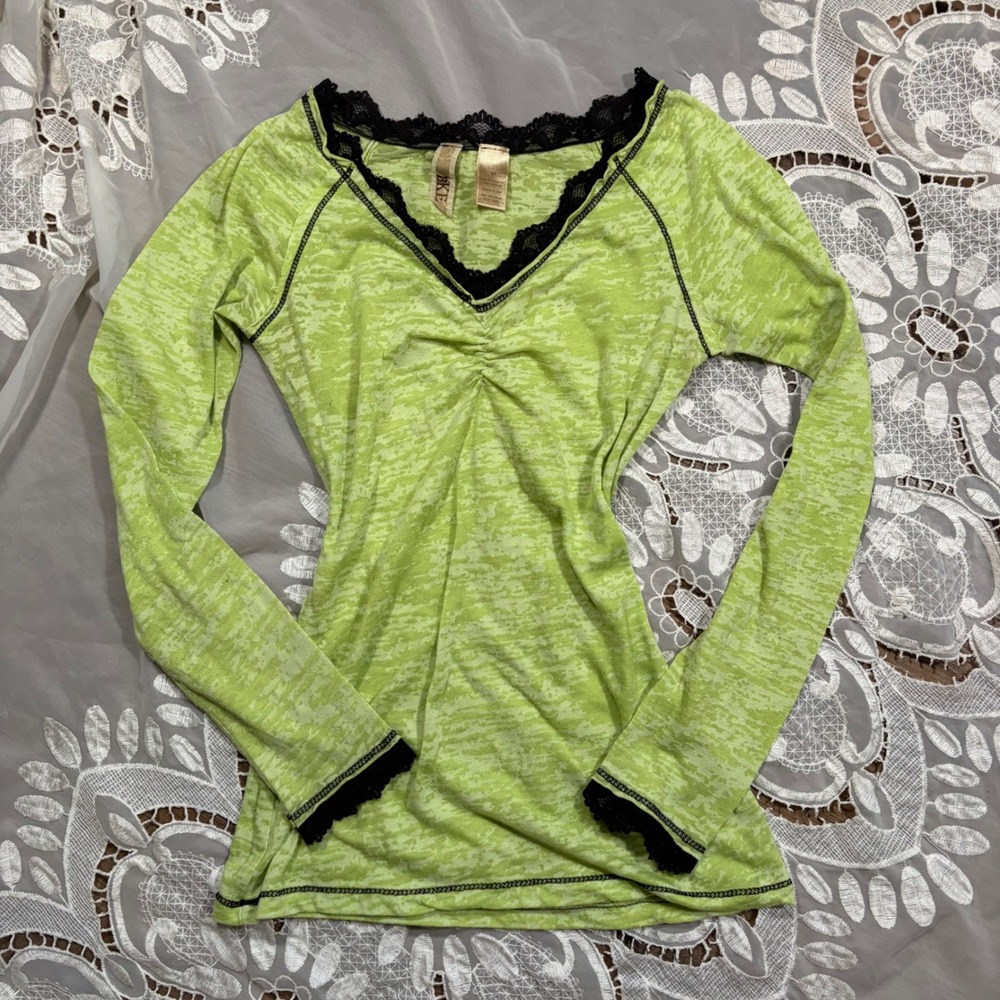 Y2K Grunge Lime Green Burnout Lace Trim V-Neck Long Sleeve Top Size M